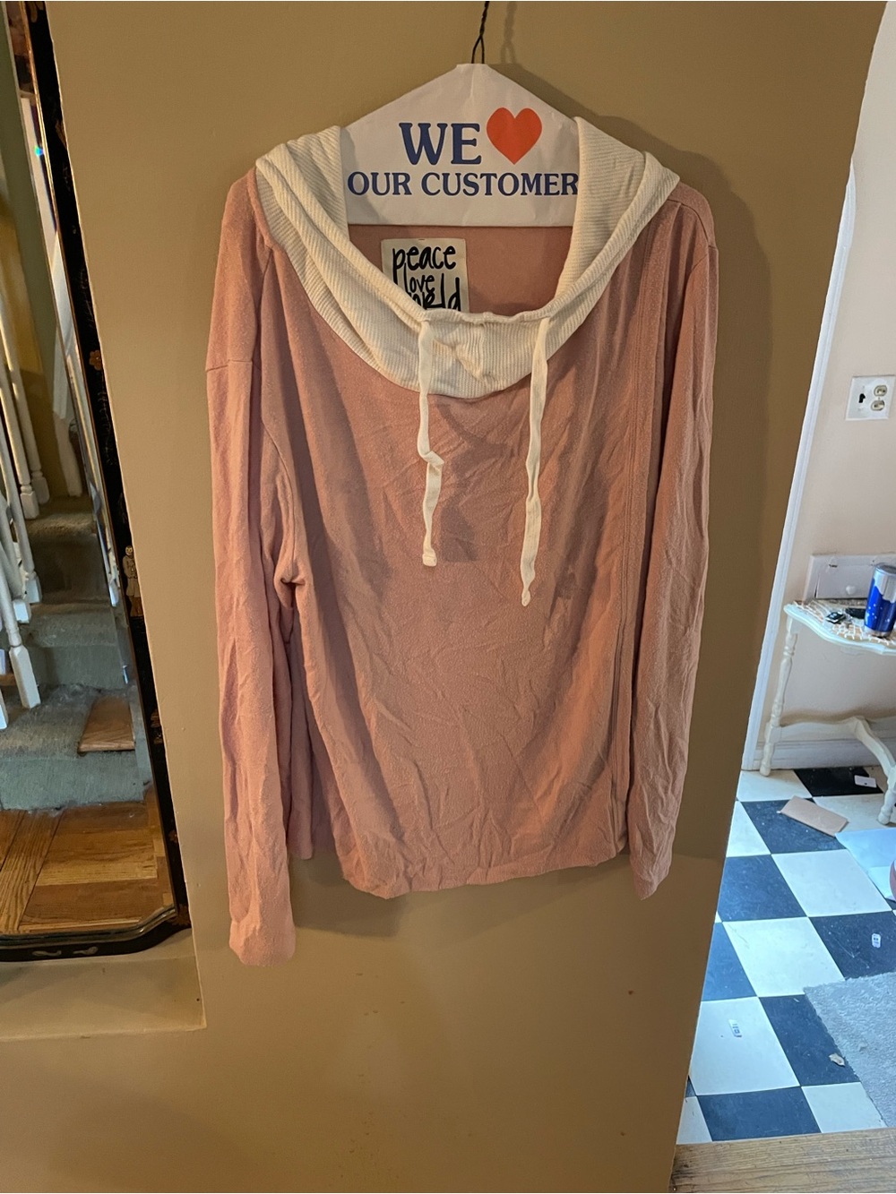 Peace Love World Dusty Rose Hoodie with White Neck